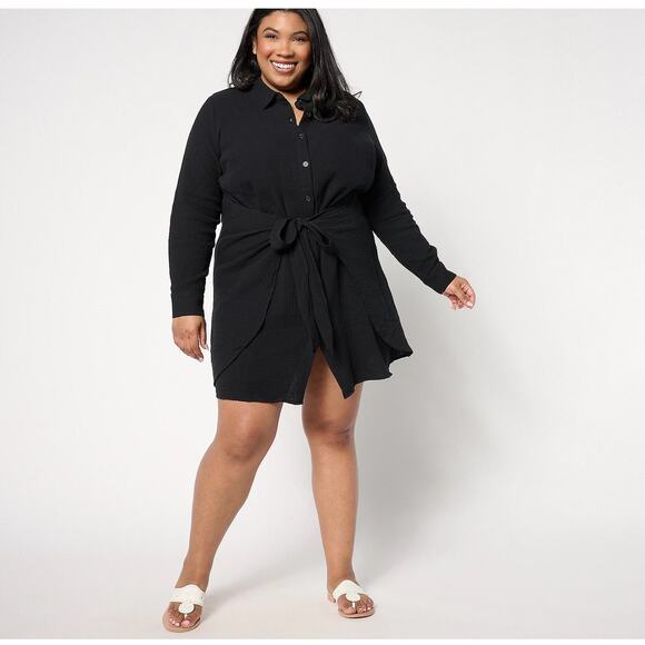 Belle Beach by Kim Gravel Petite Gauze Tie Front Shirt Dress – Size LP – Black - Picture 1 of 8